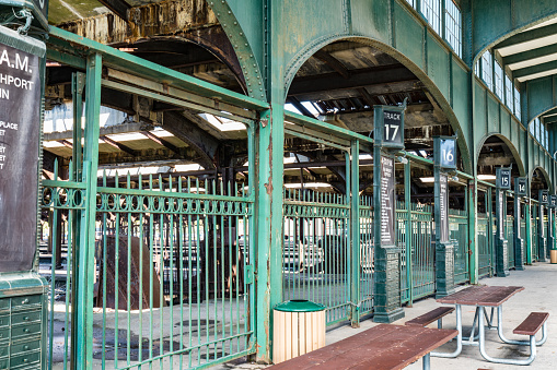 JERSEY CITY, NJ - SEPTEMBER 29, 2018: Railroad terminal station at the historic Central Railroad of New Jersey in Jersey City, New Jersey