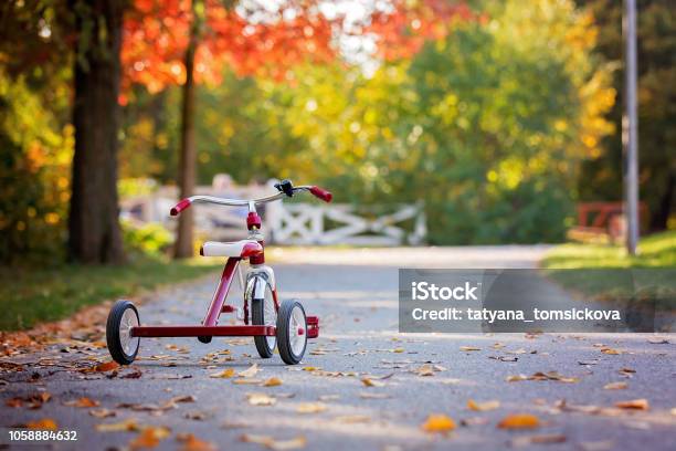 Tricycle In The Park On Sunset Autumn Time Children In The Park Stock Photo - Download Image Now