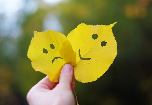 Autumn leaves sad and happy face in a hand.