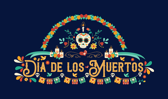 Day of the dead greeting card illustration in spanish language for traditional mexican culture holiday celebration with sugar skulls and mexico decoration.