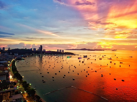 Pattaya cityscape bay viewpoint at sunset twilight, Thailand.
