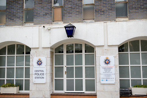 Gibraltar, United Kingdom, 30th September 2018:-The Central Police Station in Casemates Square, Gibraltar.Gibraltar is a British Overseas Territory located on the southern tip of Spain.