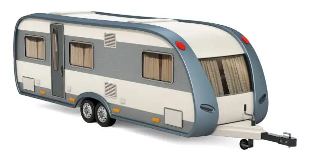 Photo of Caravan, travel trailer. 3D rendering isolated on white background