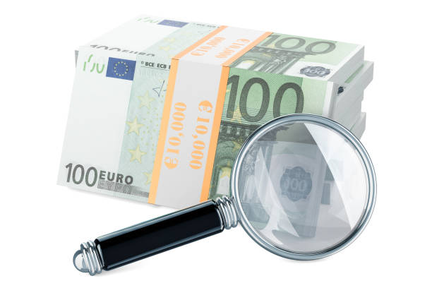 istock Euro packs with magnifying glass, financial analysis concept, 3D rendering isolated on white background 1058890008
