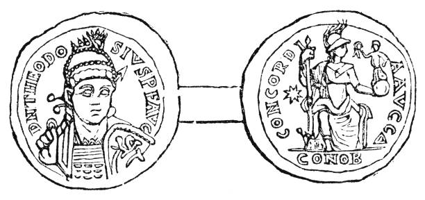 moneta rzymskiego złota solidusa teodozjusza ii (v wiek) - circa 5th century illustrations stock illustrations
