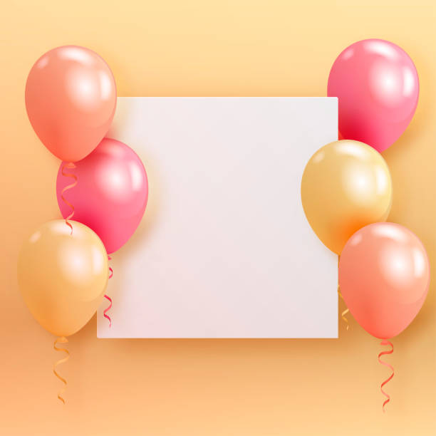 istock Set of realistic pearl glossy helium balloons floating on yellow background and paper. Vector 3D balloons for birthday, party, wedding or promotion banners or posters. Vivid illustration in pastel colors. 1058909986