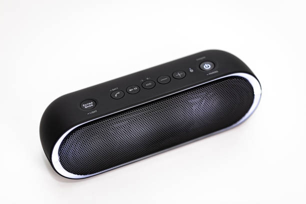 istock Black Bluetooth speaker with lights on isolated in white background 1058914784