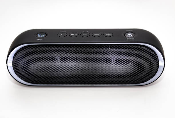 istock Black Bluetooth speaker with lights on isolated in white background 1058914800
