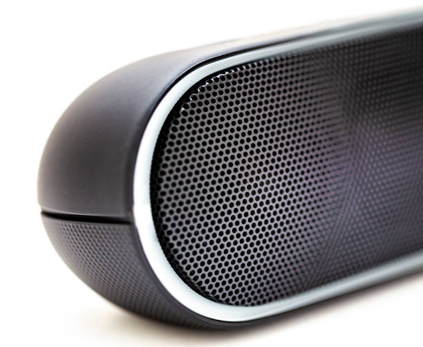 istock Black Bluetooth speaker with lights on isolated in white background 1058914804