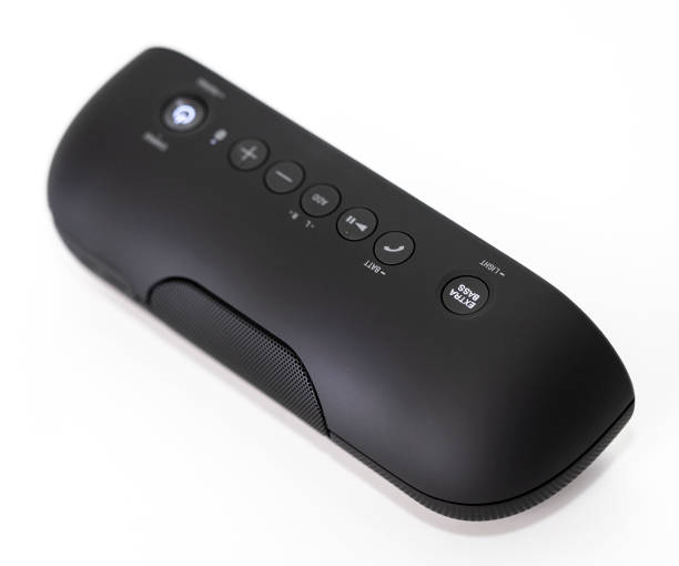istock Black Bluetooth speaker with lights on isolated in white background 1058915342