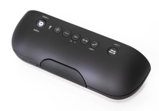 istock Black Bluetooth speaker with lights on isolated in white background 1058915474