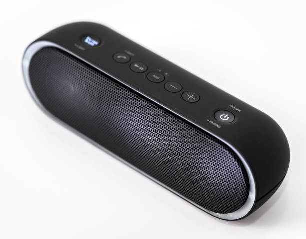 istock Black Bluetooth speaker with lights on isolated in white background 1058915694