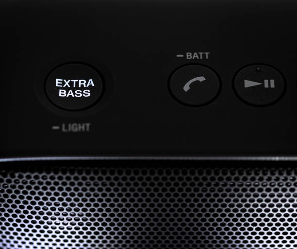 istock Black Bluetooth speaker with lights on isolated in white background 1058917160