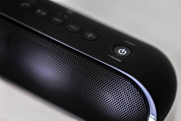 istock Black Bluetooth speaker with lights on isolated in white background 1058918076