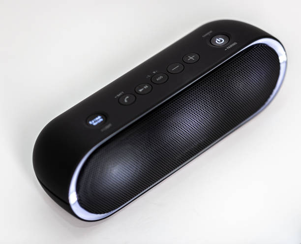 istock Black Bluetooth speaker with lights on isolated in white background 1058918108