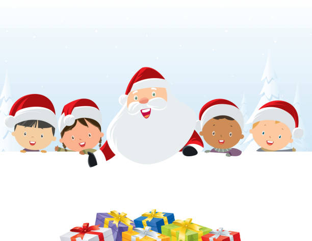 illustrazioni stock, clip art, cartoni animati e icone di tendenza di babbo natale con bambini - christmas child
