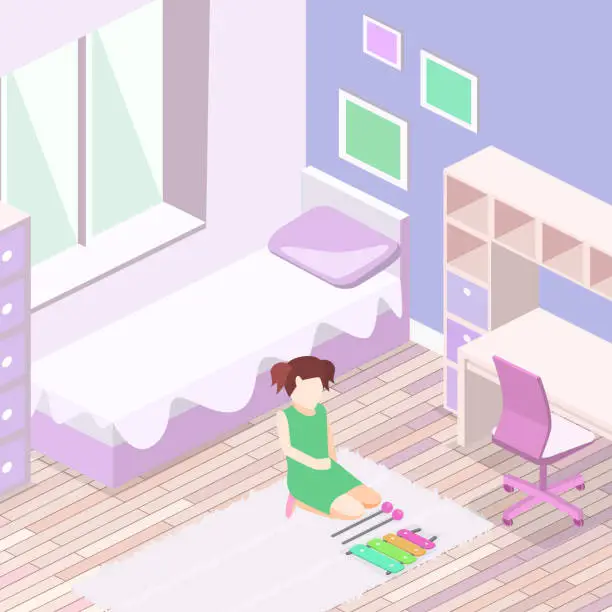 Vector illustration of Isometric flat 3D cutaway interior Girls all pink bedroom interior.