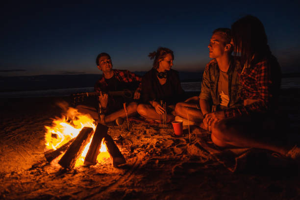 istock young friends have picnic with bonfire on the beach 1058944218