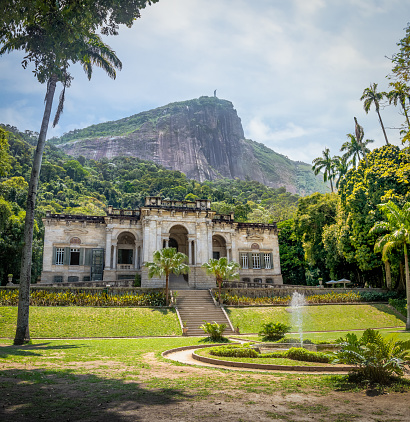 Rio de Janeiro, Brazil - Oct 29, 2017: Parque Lage with Tijuca Forest and Corcovado Mountain on background - Rio de Janeiro, Brazil