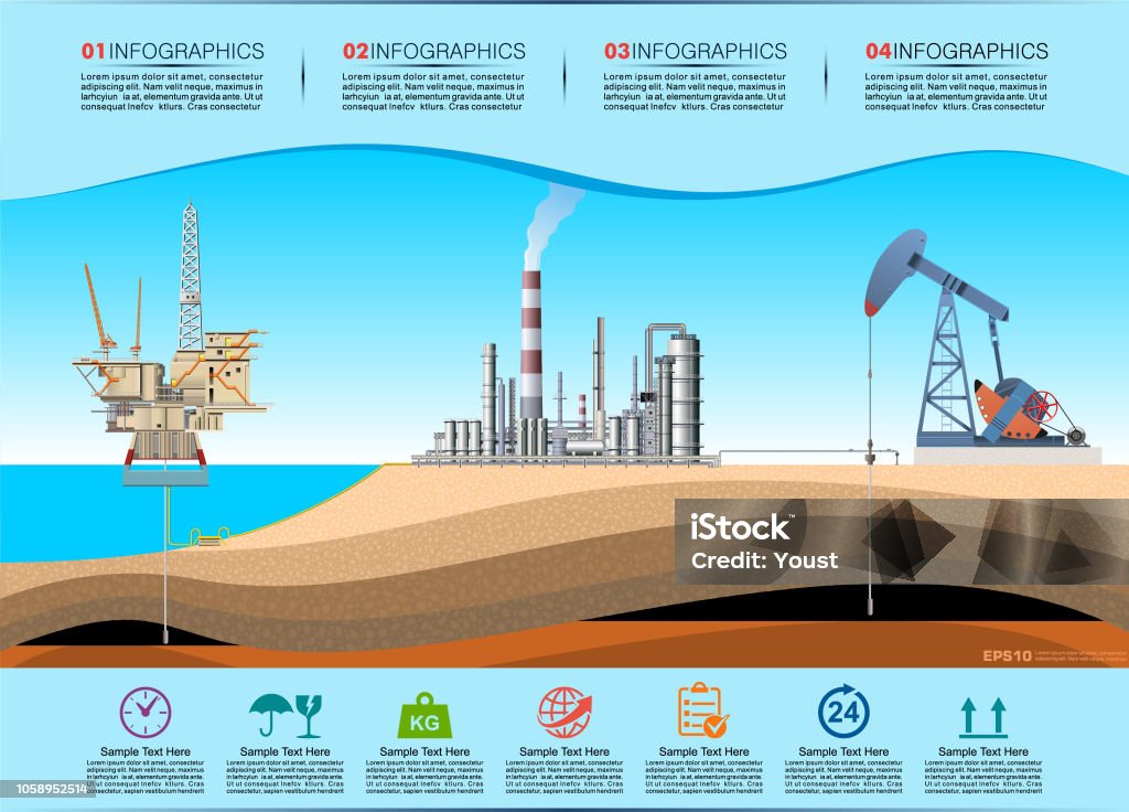 Pump Jack, Drilling Rig and Refinery Infographic. Oil And Gas Production Gas Refinery stock vector