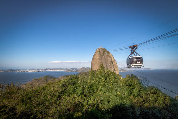 sugar loaf mountain cable car und luftbild der guanabara-bucht von urca hill - rio de janeiro, brasilien - rio de janeiro sugarloaf mountain beach urca stock-fotos und bilder