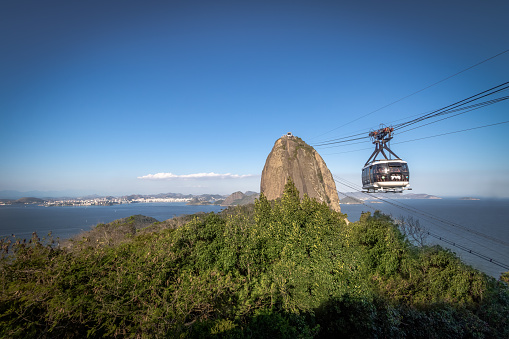 Rio de Janeiro, Brazil - Nov 2, 2017: Sugar Loaf Mountain Cable Car and aerial view of Guanabara Bay from Urca Hill - Rio de Janeiro, Brazil