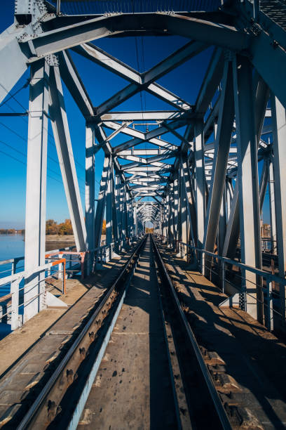 istock Railway track on steel railway bridge over Voronezh river 1058990616