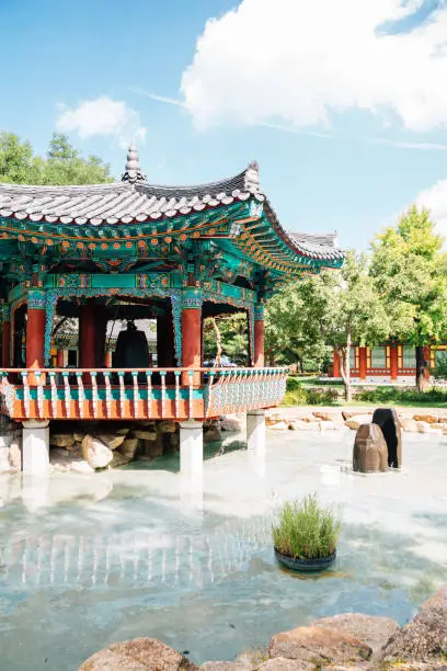 Photo of Korean traditional pavilion and pond at Gyeongsang-gamyeong park in Daegu, Korea