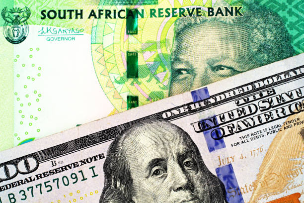 une note de la banque de rand sud-africain dix avec un billet de cent dollars américain - ten rand note photos et images de collection