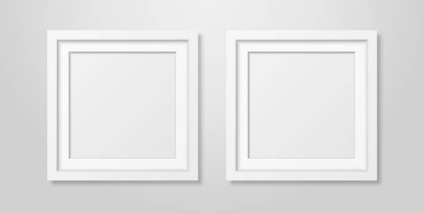 ilustraciones, imágenes clip art, dibujos animados e iconos de stock de dos vector realista moderno interior blanco blanco cuadrado madera cartel cuadro marco maqueta conjunto closeup en pared blanca. plantilla de diseño de marcos de cartel vacío para maqueta, presentación, imagen o texto - cuadrado composición fotos