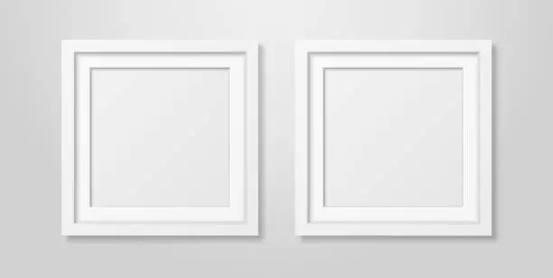 Vector illustration of Two Vector Realistic Modern Interior White Blank Square Wooden Poster Picture Frame Mock-up Set Closeup on White Wall. Empty Poster Frames Design Template for Mockup, Presentation, Image or text