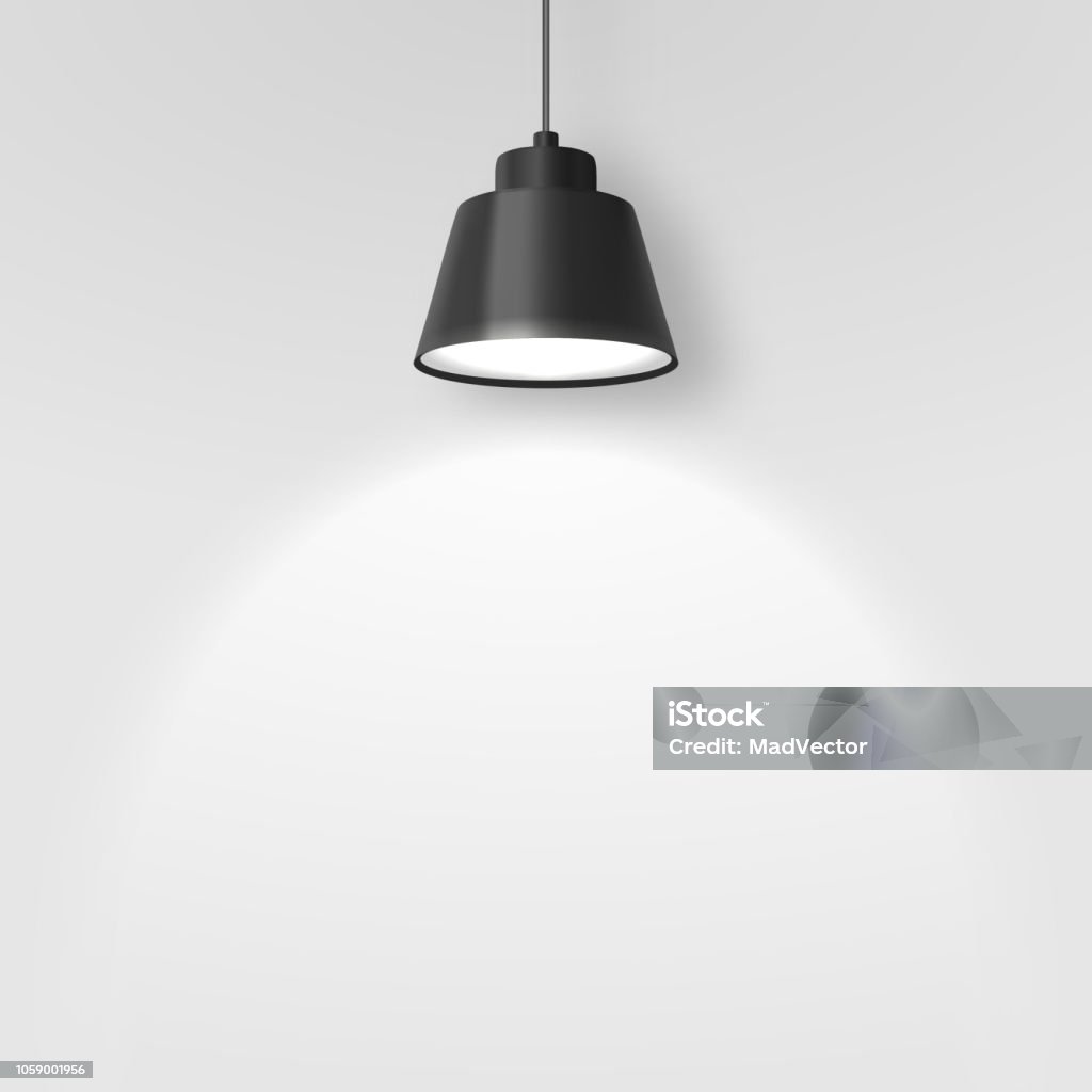 Vector Realistic 3d Black Spotlight, Hang Ceiling Lamp or Chandelier on Rope Illuminating the Wall Closeup on Grey Background. Design Template of Glowing Interior Spot Lamp with light Vector Realistic 3d Black Spotlight, Hang Ceiling Lamp or Chandelier on Rope Illuminating the Wall Closeup on Grey Background. Design Template of Glowing Interior Spot Lamp with light. Lighting Equipment stock vector