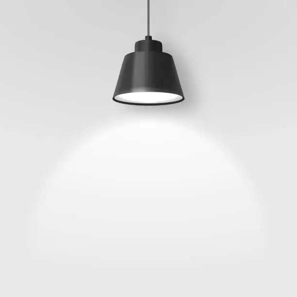 Vector illustration of Vector Realistic 3d Black Spotlight, Hang Ceiling Lamp or Chandelier on Rope Illuminating the Wall Closeup on Grey Background. Design Template of Glowing Interior Spot Lamp with light