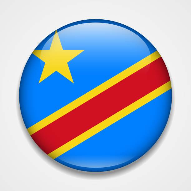 illustrazioni stock, clip art, cartoni animati e icone di tendenza di bandiera della repubblica democratica del congo. badge rotondo lucido - congolese flag