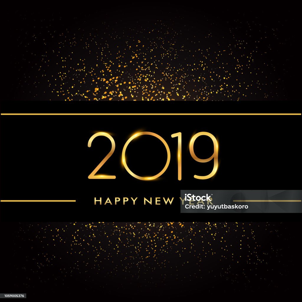Feliz ano novo 2019 com glitter isolada no fundo preto, ouro de desenho de texto colorido - Vetor de Convite royalty-free