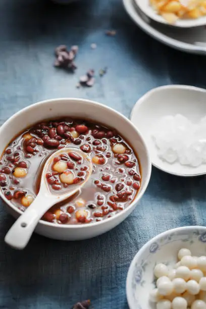 Winter comfort food: sweet red bean soup with mini tang yuan.