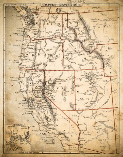 ilustrações de stock, clip art, desenhos animados e ícones de usa pacific states map of 1869 - montana map old cartography