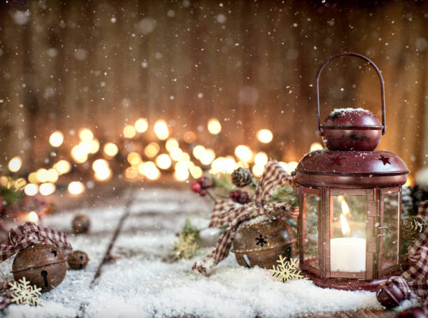 istock Christmas Red Lantern on an Old Wood Background 1059044672