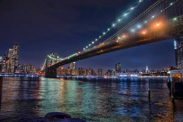 Brooklyn Bridge at night spans over East river and leads to Lower Manhattan