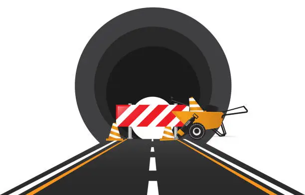 Vector illustration of Road in tunnel, sign of detour and construction wheelbarrow.