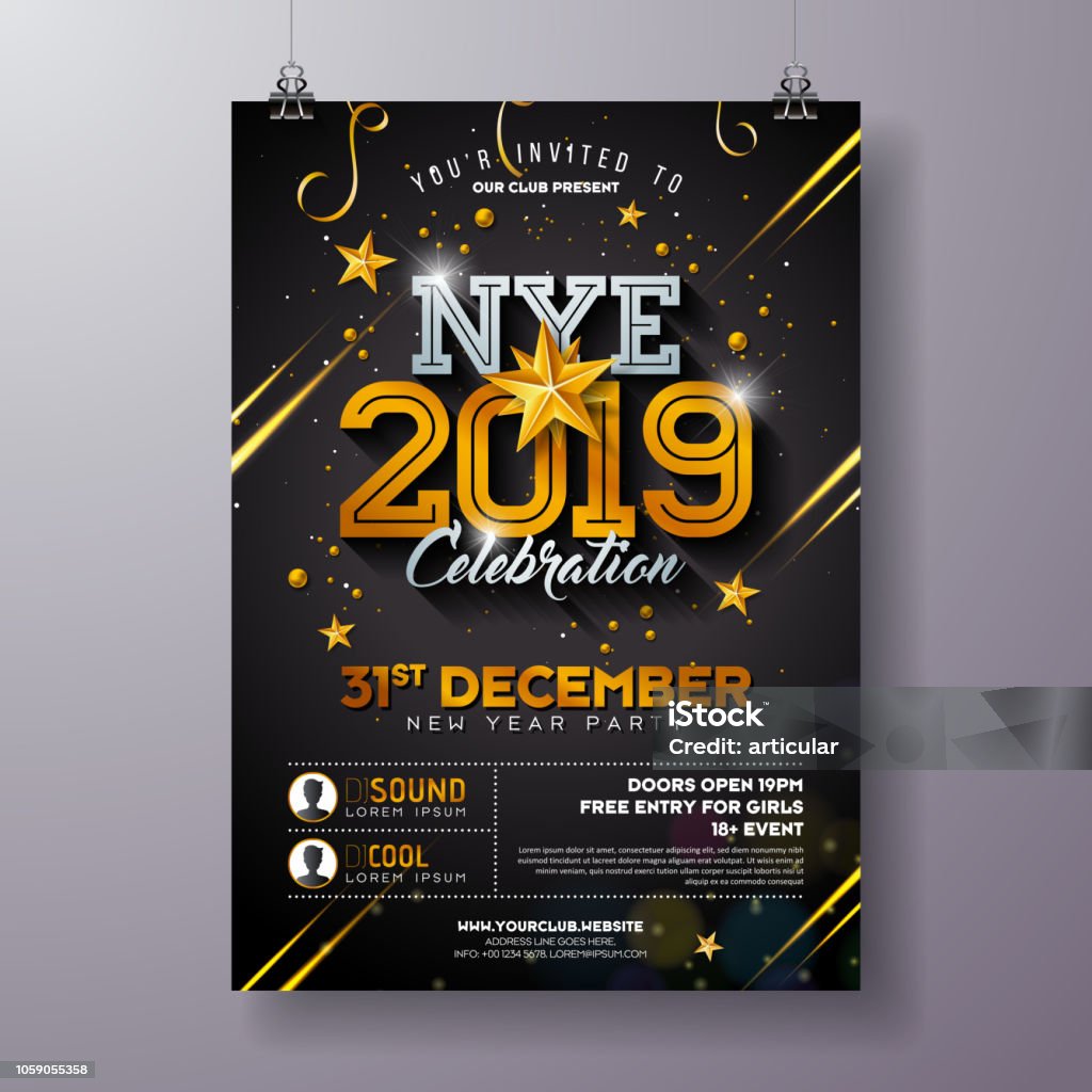2019 New Year Party Celebration Poster Template Illustration with Shiny Gold Number on Black Background. Vector Holiday Premium Invitation Flyer or Promo Banner. 2019 New Year Party Celebration Poster Template Illustration with Shiny Gold Number on Black Background. Vector Holiday Premium Invitation Flyer or Promo Banner New Year's Eve stock vector