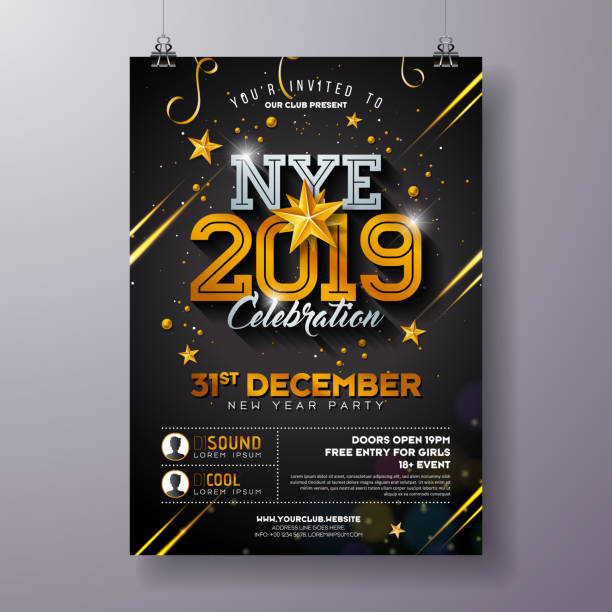 2019 New Year Party Celebration Poster Template Illustration with Shiny Gold Number on Black Background. Vector Holiday Premium Invitation Flyer or Promo Banner. 2019 New Year Party Celebration Poster Template Illustration with Shiny Gold Number on Black Background. Vector Holiday Premium Invitation Flyer or Promo Banner new years eve party stock illustrations