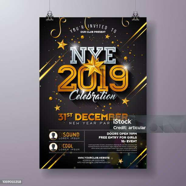 2019 New Year Party Celebration Poster Template Illustration With Shiny Gold Number On Black Background Vector Holiday Premium Invitation Flyer Or Promo Banner Stock Illustration - Download Image Now