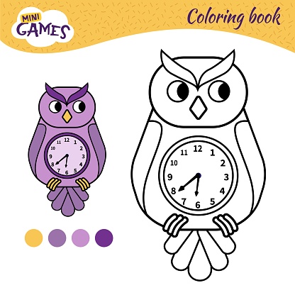 Coloring book for children. Cartoon owl-clock