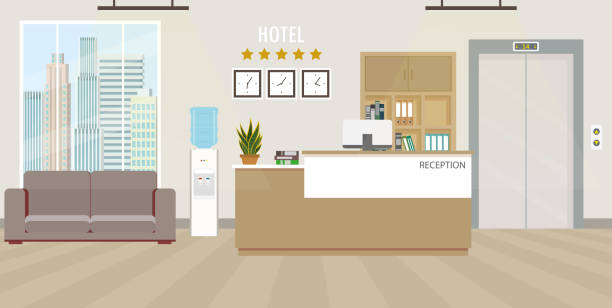 Modern Hotel reception Interior flat design.Room furniture. vector art illustration