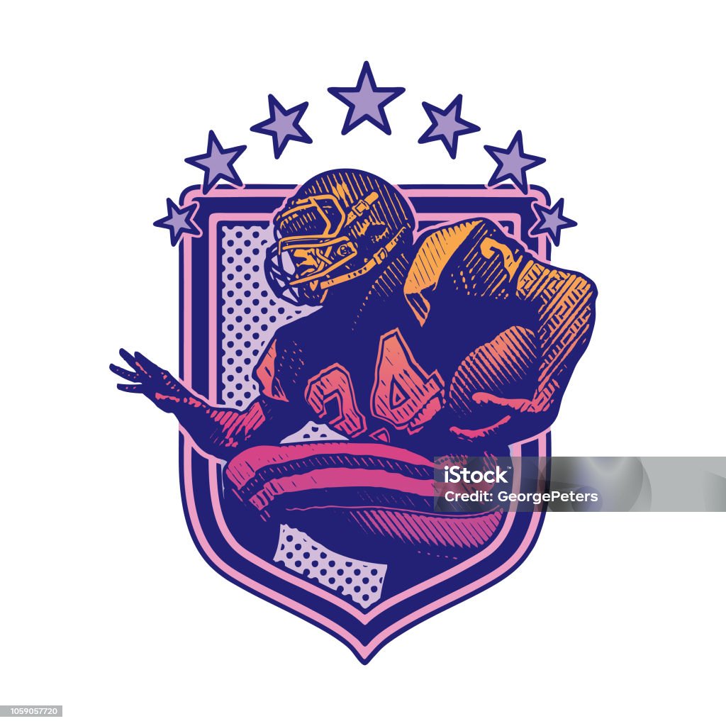 American Football Player Running. Flat Design Engraving illustration of an American Football Running Back Scoring Touchdown and flat design Logo stock vector