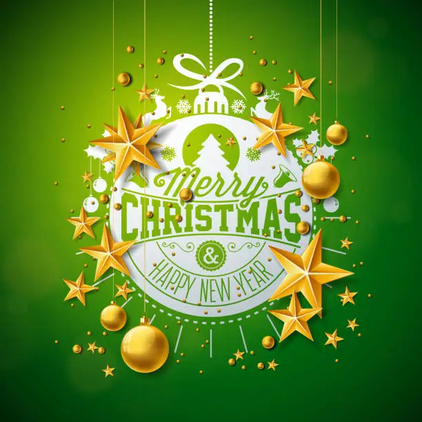 Vector illustration of Merry Christmas Illustration with Gold Glass Ball, Star and Typography Elements on Green Background. Vector Holiday Design for Greeting Card, Party Invitation or Promo Banner.