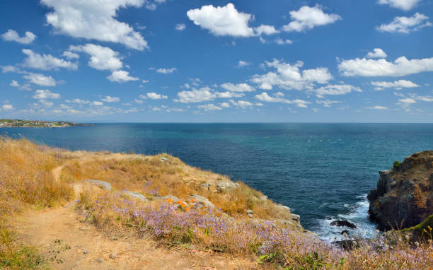View in Sozopol town direction from St. Agalina cape at Black Sea. Bulgaria, Balkans, Europe.