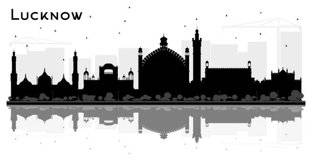 ilustraciones, imágenes clip art, dibujos animados e iconos de stock de ciudad india de lucknow skyline silueta edificios negro y reflejos. - lucknow