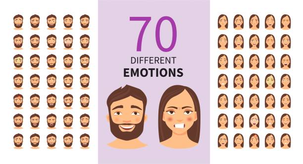 ilustraciones, imágenes clip art, dibujos animados e iconos de stock de vector conjunto de personajes de dibujos animados con distintas emociones. - expresión facial